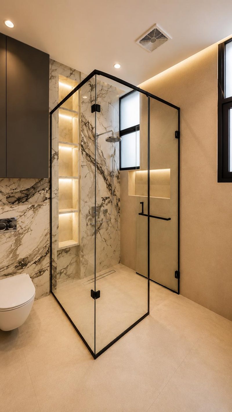Frameless glass shower enclosure